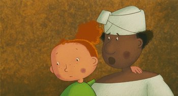 Movie still from “Raining Cats and Frogs” (2003), directed by Jacques-Rémy Girerd – A cartoon of a boy and a black man; Close Up shot, Over the shoulder angle