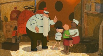 Movie still from “Raining Cats and Frogs” (2003), directed by Jacques-Rémy Girerd – A group of people standing next to each other in a room; Medium shot, High angle