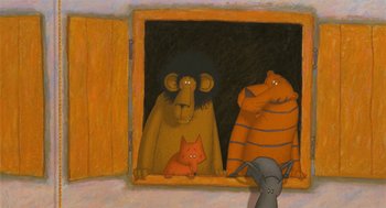 Movie still from “Raining Cats and Frogs” (2003), directed by Jacques-Rémy Girerd – Three animals in the window of a house; Wide shot, Low angle