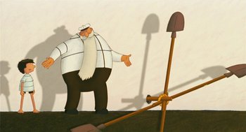 Movie still from “Raining Cats and Frogs” (2003), directed by Jacques-Rémy Girerd – An old man standing in front of a shovel; Wide shot, Low angle