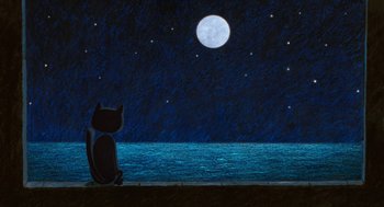 Movie still from “Raining Cats and Frogs” (2003), directed by Jacques-Rémy Girerd – A painting of a cat sitting in front of the moon; Extreme Wide shot, Low angle