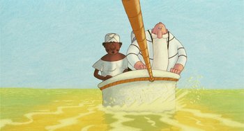 Movie still from “Raining Cats and Frogs” (2003), directed by Jacques-Rémy Girerd – Two people are in a boat in the water; Wide shot, Low angle