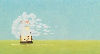 Movie still from “Raining Cats and Frogs” (2003), directed by Jacques-Rémy Girerd – A painting of a boat in the middle of a green field; Extreme Wide shot, Low angle