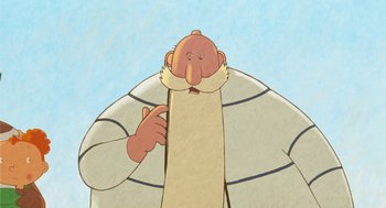 Movie still from “Raining Cats and Frogs” (2003), directed by Jacques-Rémy Girerd – An old man is wearing a white coat and a white scarf; Close Up shot, Low angle