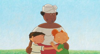 Movie still from “Raining Cats and Frogs” (2003), directed by Jacques-Rémy Girerd – An illustration of a woman holding two children; Medium shot, Low angle