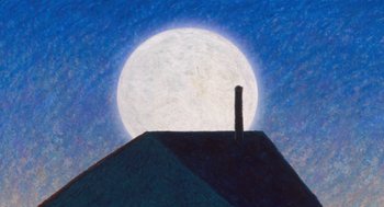 Movie still from “Raining Cats and Frogs” (2003), directed by Jacques-Rémy Girerd – A painting of a roof with a chimney on top of it and a full moon in the background; Extreme Wide shot, Low angle