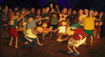 Movie still from “Raining Cats and Frogs” (2003), directed by Jacques-Rémy Girerd – A group of people are dancing in a group; Wide shot, High angle