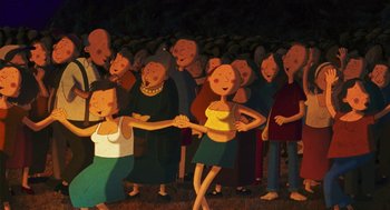 Movie still from “Raining Cats and Frogs” (2003), directed by Jacques-Rémy Girerd – A group of people standing in front of each other holding hands; Wide shot, High angle