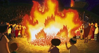 Movie still from “Raining Cats and Frogs” (2003), directed by Jacques-Rémy Girerd – Two people standing in front of a large fire; Extreme Wide shot, Low angle