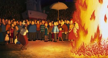 Movie still from “Raining Cats and Frogs” (2003), directed by Jacques-Rémy Girerd – A crowd of people standing around a fire; Wide shot, High angle