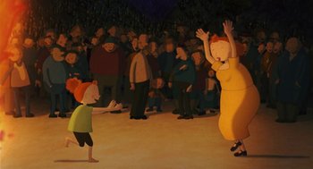 Movie still from “Raining Cats and Frogs” (2003), directed by Jacques-Rémy Girerd – A group of people standing in front of a crowd of people; Wide shot, High angle