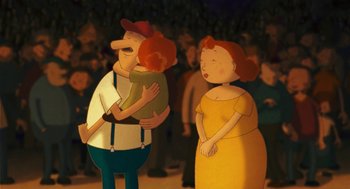 Movie still from “Raining Cats and Frogs” (2003), directed by Jacques-Rémy Girerd – A group of people standing next to each other; Medium shot, High angle