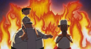 Movie still from “Raining Cats and Frogs” (2003), directed by Jacques-Rémy Girerd – Two cartoon characters in front of a fire background; Medium shot, Low angle