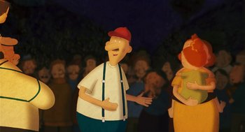 Movie still from “Raining Cats and Frogs” (2003), directed by Jacques-Rémy Girerd – A group of people standing next to each other in a room; Medium shot, Over the shoulder angle