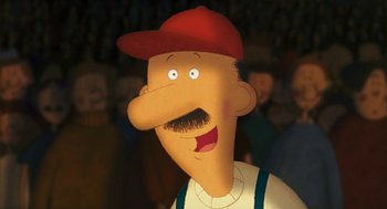 Movie still from “Raining Cats and Frogs” (2003), directed by Jacques-Rémy Girerd – A cartoon character with a red hat; Close Up shot, High angle