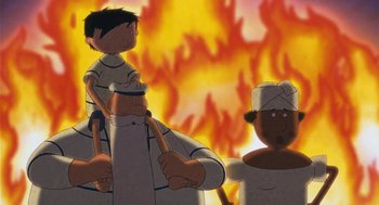 Movie still from “Raining Cats and Frogs” (2003), directed by Jacques-Rémy Girerd – An animated scene of a man holding a child on his shoulders; Medium shot, Low angle