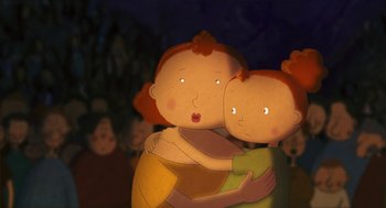 Movie still from “Raining Cats and Frogs” (2003), directed by Jacques-Rémy Girerd – A couple of people that are hugging each other; Close Up shot, Over the shoulder angle