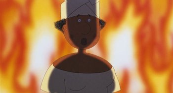 Movie still from “Raining Cats and Frogs” (2003), directed by Jacques-Rémy Girerd – An african american woman wearing a white turban; Close Up shot, Low angle