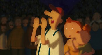 Movie still from “Raining Cats and Frogs” (2003), directed by Jacques-Rémy Girerd – An animated picture of a baseball player and a baby; Medium shot, High angle