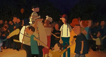 Movie still from “Raining Cats and Frogs” (2003), directed by Jacques-Rémy Girerd – A group of people standing around each other in the dark; Wide shot, High angle
