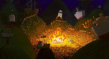 Movie still from “Raining Cats and Frogs” (2003), directed by Jacques-Rémy Girerd – A crowd of people standing in front of a bonfire; Extreme Wide shot, High angle