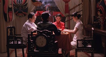 Movie still from “Raise the Red Lantern” (1991), directed by Yimou Zhang – A group of people sitting around a table; Wide shot, High angle