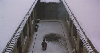 Movie still from “Raise the Red Lantern” (1991), directed by Yimou Zhang – A person standing in the middle of an enclosed area; Extreme Wide shot, High angle