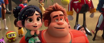 Movie still from “Ralph Breaks the Internet” (2018), directed by Rich Moore – A couple of people that are next to each other; Medium shot, Low angle