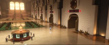 Movie still from “Ralph Breaks the Internet” (2018), directed by Rich Moore – An image of a person walking in a room; Extreme Wide shot, High angle