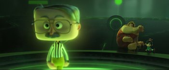 Movie still from “Ralph Breaks the Internet” (2018), directed by Rich Moore – An animated figure of a referee and a basketball in the background; Medium shot, Low angle