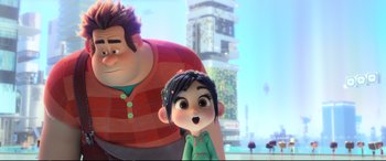 Movie still from “Ralph Breaks the Internet” (2018), directed by Rich Moore – A scene from the animated movie ralph and vanellope; Medium shot, Over the shoulder angle