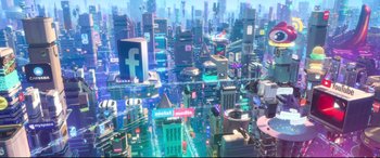 Movie still from “Ralph Breaks the Internet” (2018), directed by Rich Moore – An aerial view of a large city filled with lots of buildings; Extreme Wide shot, High angle