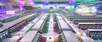 Movie still from “Ralph Breaks the Internet” (2018), directed by Rich Moore – An overhead view of an amusement park with a lot of cars; Extreme Wide shot, High angle