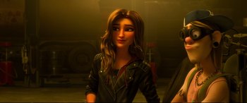 Movie still from “Ralph Breaks the Internet” (2018), directed by Rich Moore – A woman with long brown hair wearing a leather jacket; Medium shot, Over the shoulder angle