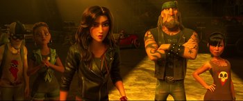 Movie still from “Ralph Breaks the Internet” (2018), directed by Rich Moore – A woman in a leather jacket is next to a man in a leather jacket; Medium shot, Over the shoulder angle