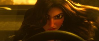Movie still from “Ralph Breaks the Internet” (2018), directed by Rich Moore – A person in a car looking at the camera; Close Up shot, Low angle