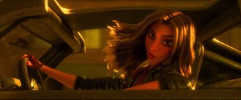 Movie still from “Ralph Breaks the Internet” (2018), directed by Rich Moore – A woman with long brown hair sitting in a car; Close Up shot, Over the shoulder angle
