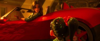 Movie still from “Ralph Breaks the Internet” (2018), directed by Rich Moore – A woman sitting in a red car with a child in the back seat; Close Up shot, Over the shoulder angle