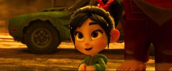 Movie still from “Ralph Breaks the Internet” (2018), directed by Rich Moore – A cartoon character's face; Close Up shot, Over the shoulder angle