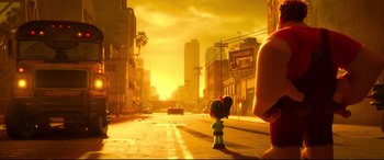 Movie still from “Ralph Breaks the Internet” (2018), directed by Rich Moore – A cartoon character is standing in the middle of the street; Extreme Wide shot, Over the shoulder angle