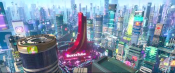 Movie still from “Ralph Breaks the Internet” (2018), directed by Rich Moore – An image of an animated city with buzztube in the middle; Extreme Wide shot, High angle
