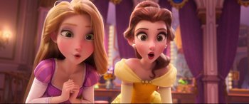 Movie still from “Ralph Breaks the Internet” (2018), directed by Rich Moore – Two animated girls looking surprised at the camera; Close Up shot, Over the shoulder angle