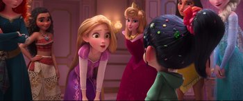 Movie still from “Ralph Breaks the Internet” (2018), directed by Rich Moore – A group of young people standing next to each other; Medium shot, Over the shoulder angle