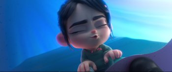 Movie still from “Ralph Breaks the Internet” (2018), directed by Rich Moore – A cartoon character's eyes and mouth; Close Up shot, High angle