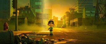 Movie still from “Ralph Breaks the Internet” (2018), directed by Rich Moore – A small girl standing on the side of the street; Wide shot, Low angle