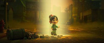 Movie still from “Ralph Breaks the Internet” (2018), directed by Rich Moore – A small doll is standing in the middle of the street; Wide shot, High angle