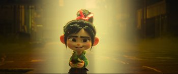 Movie still from “Ralph Breaks the Internet” (2018), directed by Rich Moore – A character figurine of a girl with long black hair; Close Up shot, Low angle