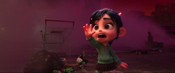 Movie still from “Ralph Breaks the Internet” (2018), directed by Rich Moore – A cartoon character with a surprised look on his face; Medium shot, High angle
