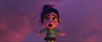 Movie still from “Ralph Breaks the Internet” (2018), directed by Rich Moore – A cartoon character with a surprised look on his face; Close Up shot, Low angle