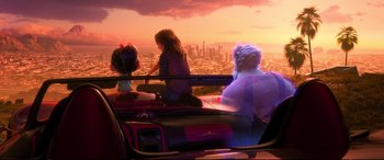 Movie still from “Ralph Breaks the Internet” (2018), directed by Rich Moore – A group of people sitting in the back of a car; Wide shot, Over the shoulder angle